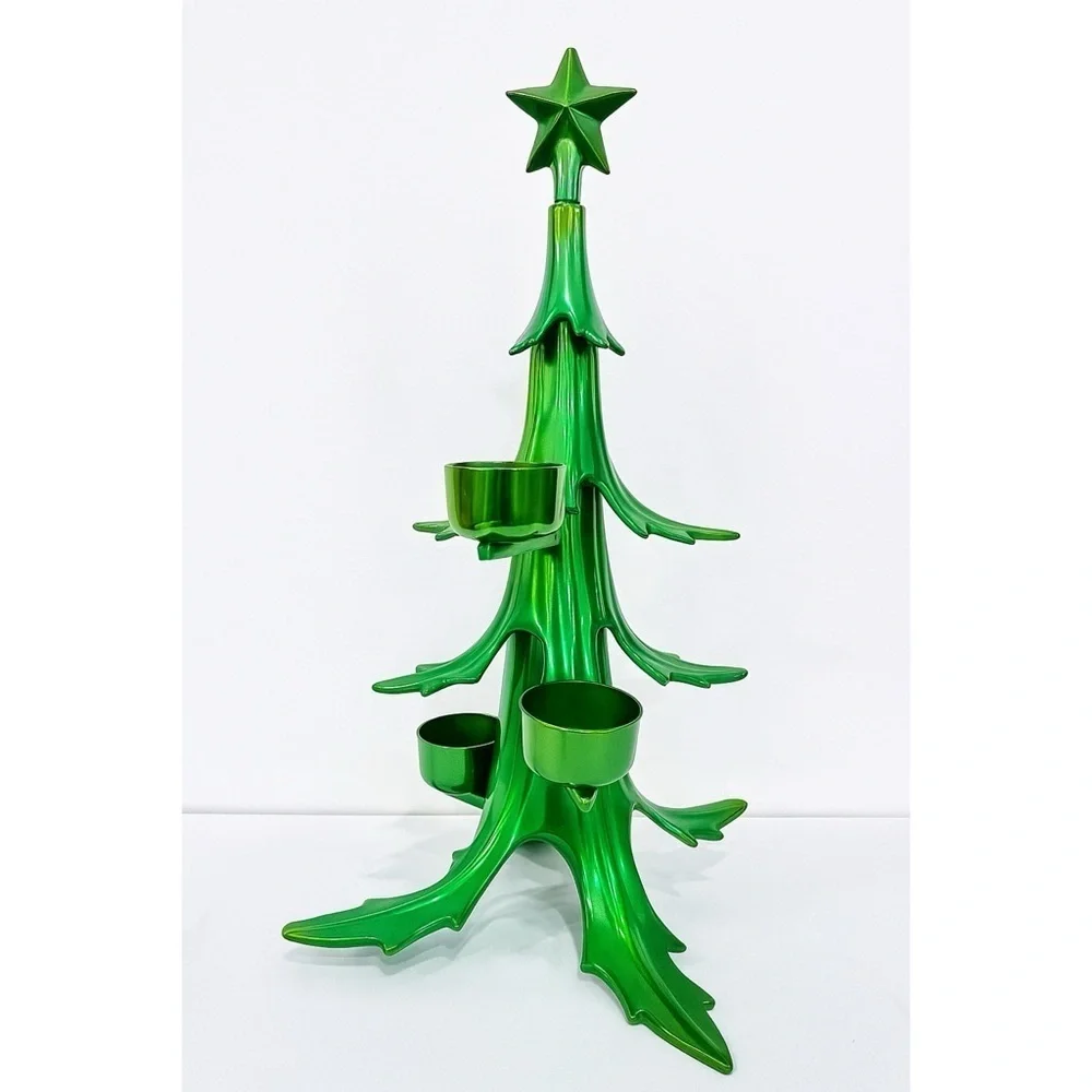 Vtg. Rare Pottery Barn 12” Green Heavy Metal Christmas Ball Candle Holder Tree